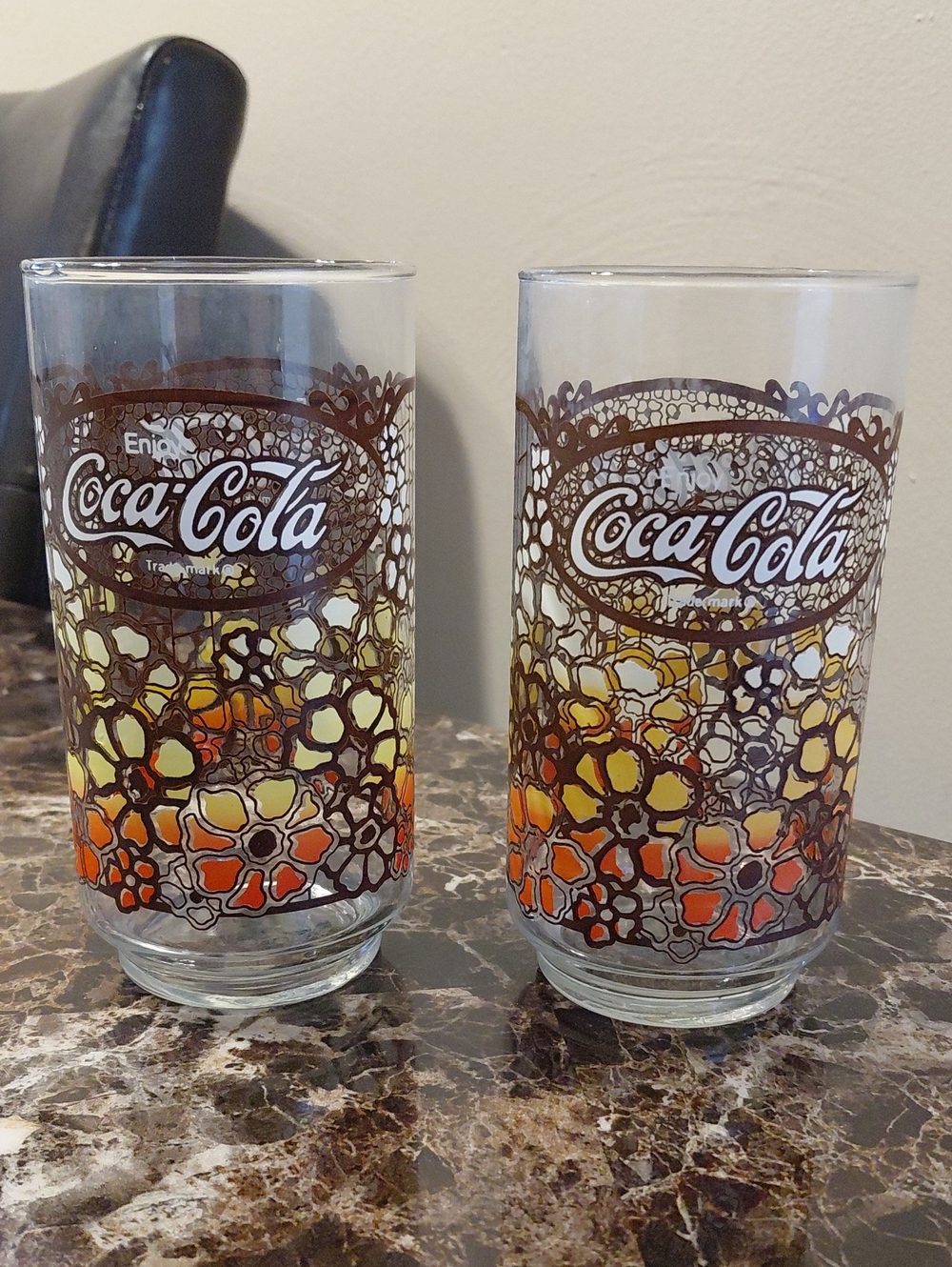 Set of 2 Vintage 1970s Coca-Cola "Flower Power" Stained Glass Floral Tumblers